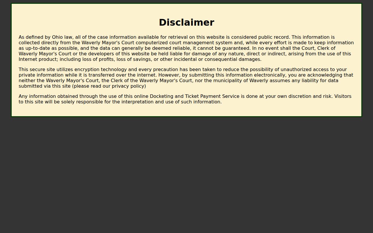 Waverly court docket Mayor's Court public record disclaimer